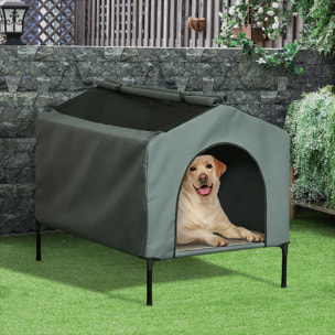 Caseta para Perros con Cubierta Exterior 110x75x87 cm Cama Elevada para Mascotas con Cojín y Ventanas de Malla Enrollable para Perros Grandes Gris