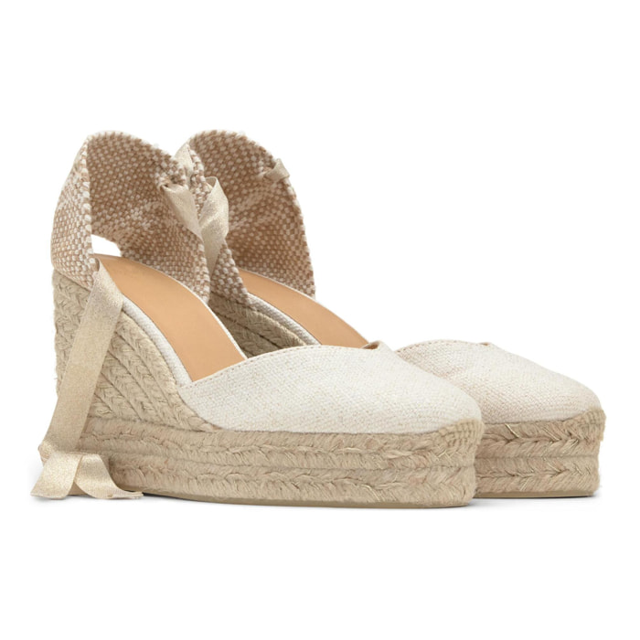 Alpargata de cuña Chiara en lino metalizado con doble plataforma