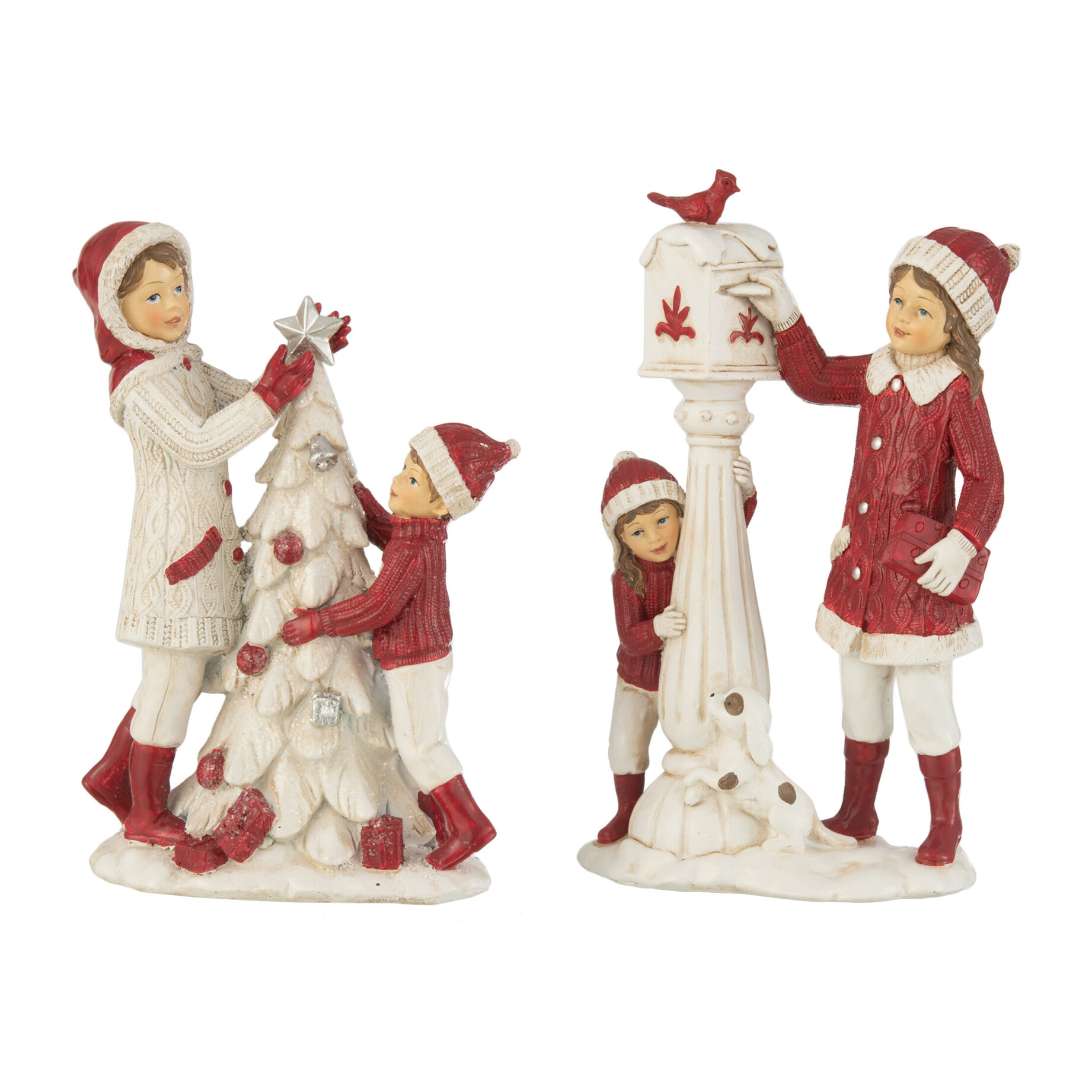 J-Line décoration de Noël  Filles Et Enfants Sapin De Noël Lanterne - polyrésine - blanc/rouge - 2 pcs