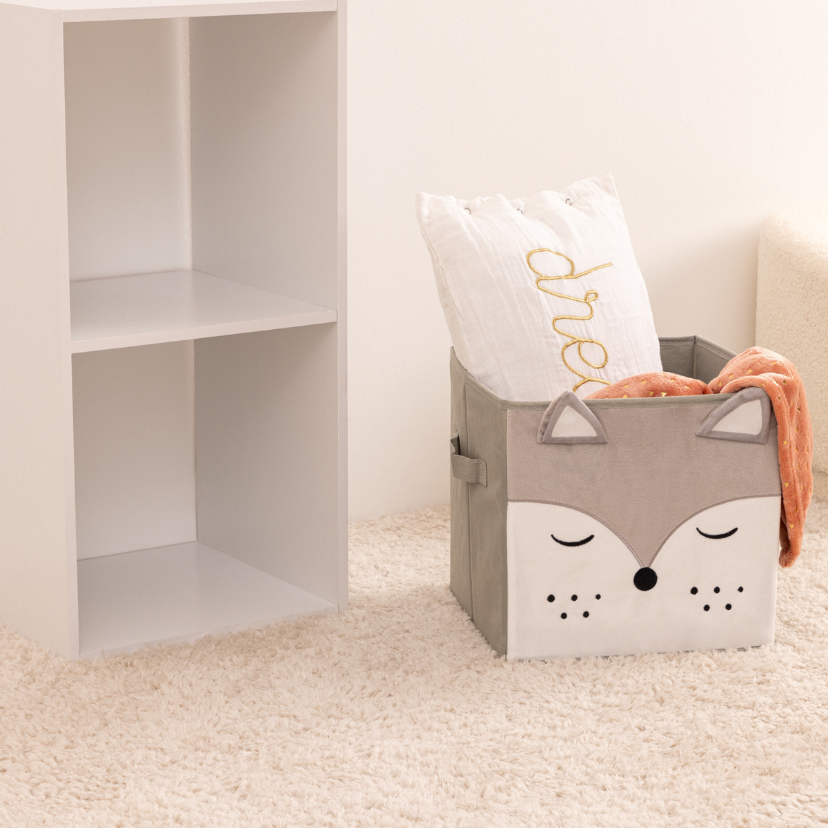 Bac de rangement renard velours gris 29x29cm