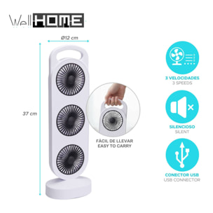 Ventilador USB, 3W, 3 velocidades, batería 1200mAh, blanco