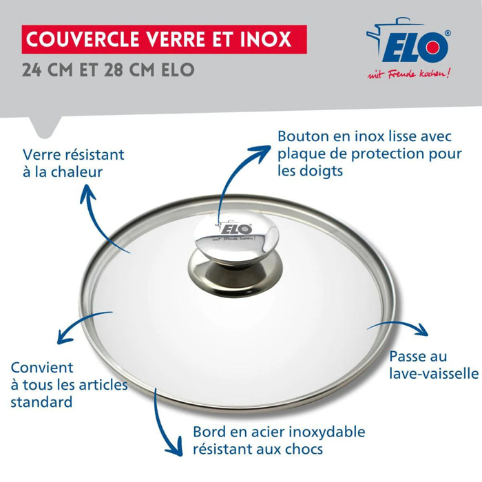 Deux couvercles de cuisson avec poignée en inox 24 cm et 28 cm Elo Galant