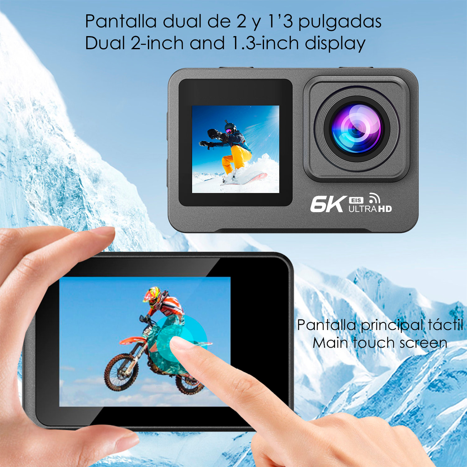 Cámara Deportiva M82 TR 6k 30fps con 47,5 mpx, doble pantalla de 2" y 1.3", estabilizador de imagen, multitud de accesorios y WIFI.