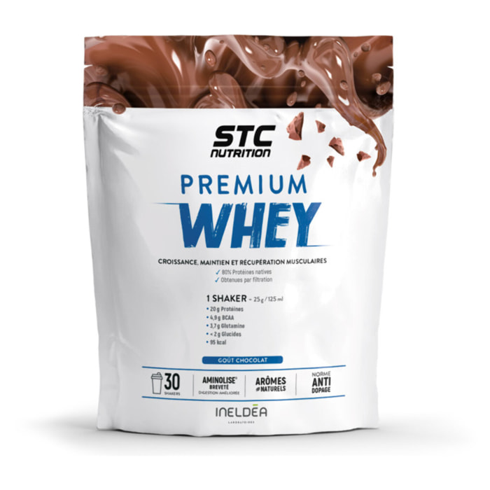 STC NUTRITION - Premium Whey - 80% de protéines natives de lactosérum - Croissance, maintien et réparation musculaires - Digestion facile - 30 Shakers - Doypack 750g