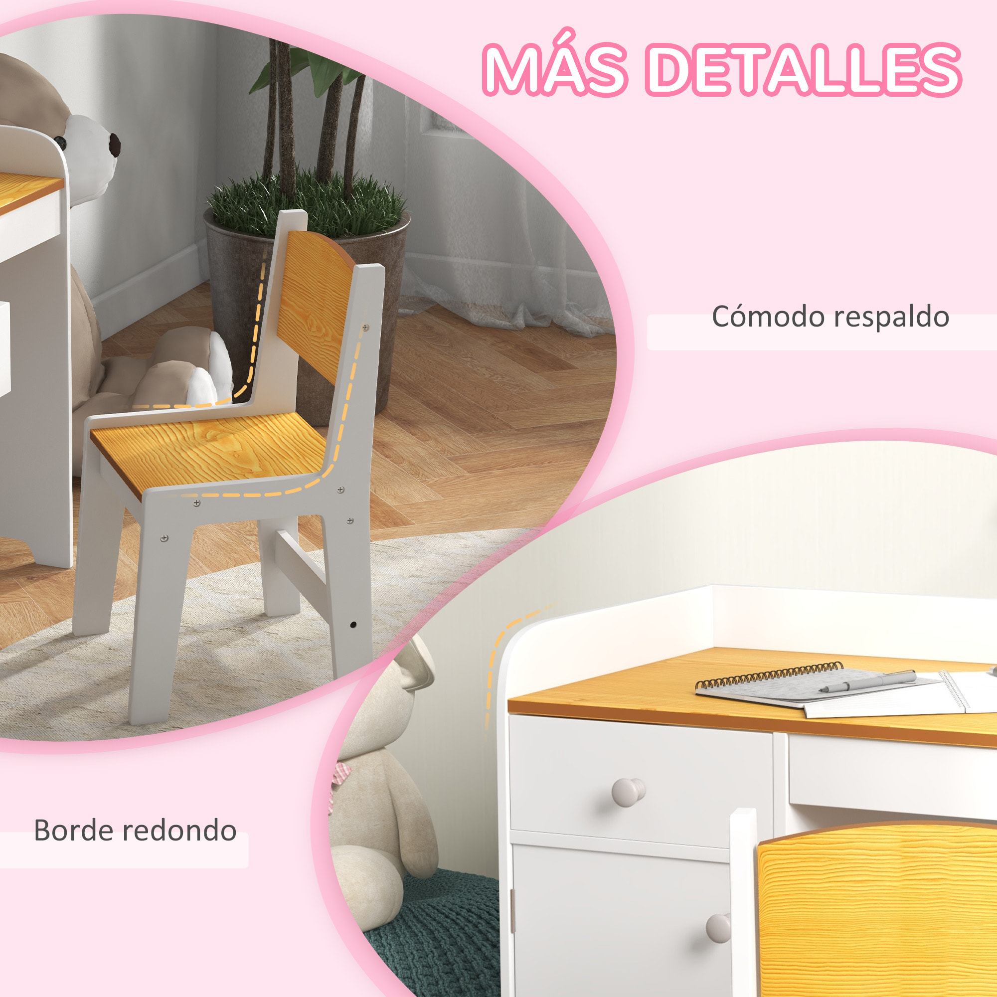 Conjunto de Escritorio de 2 Piezas Pupitre Infantil Escritorio para Niños Incluye Silla y Mesa con Cajón y Armario para Dormitorio Sala Blanco y Natural