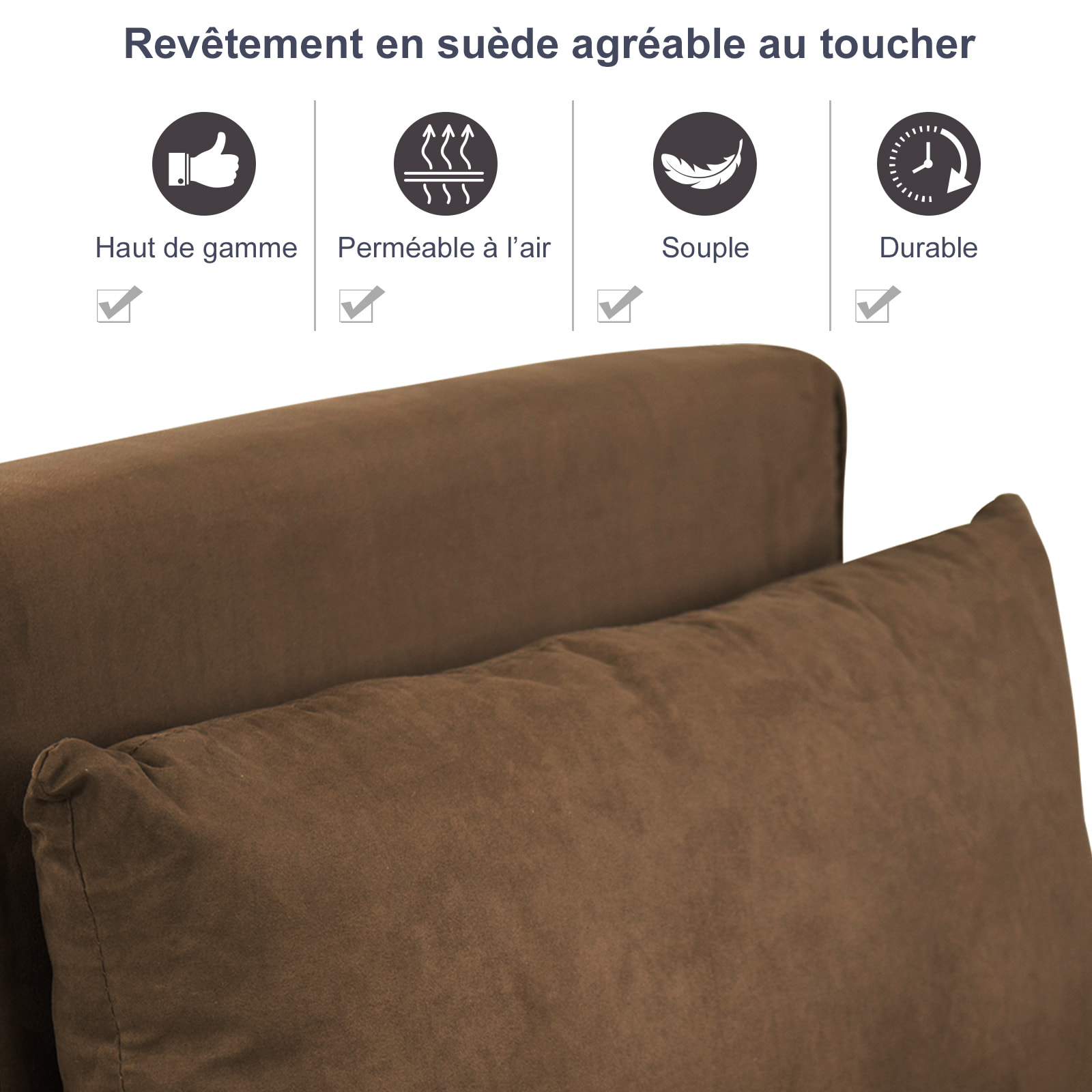 Fauteuil chauffeuse canapé-lit convertible 1 place déhoussable grand confort coussin pieds accoudoirs métal suède marron