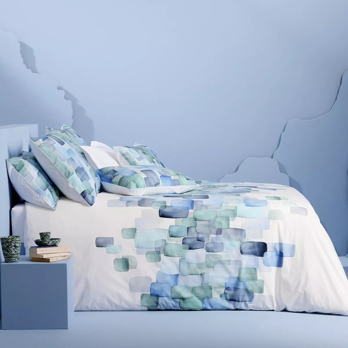 Lot h.couette +taies percale de coton 115 g/m² imprimé bleu vert Ondine mineral