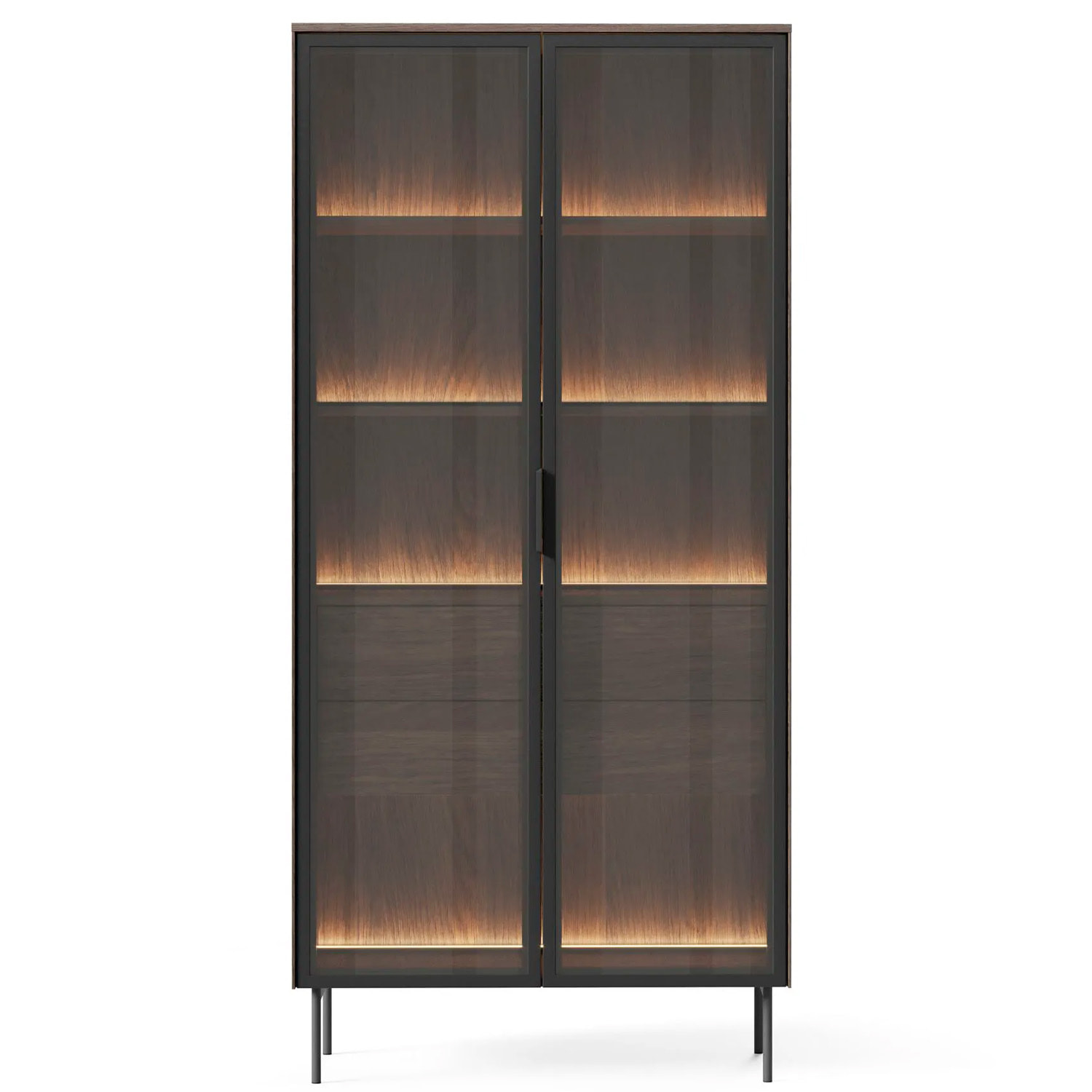Vetrina Con 2 Ante In Vetro 3 Ripiani e 2 Cassetti Interni Design Moderno con Led Integrato 88.2 x 38 x 193.8 cm Rovere Scuro