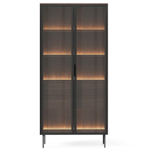 Vetrina Con 2 Ante In Vetro 3 Ripiani e 2 Cassetti Interni Design Moderno con Led Integrato 88.2 x 38 x 193.8 cm Rovere Scuro