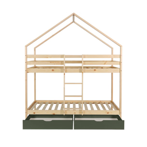 Lit enfant superposé cabane 90 x 190 cm pin naturel avec tiroirs de rangement ROYA