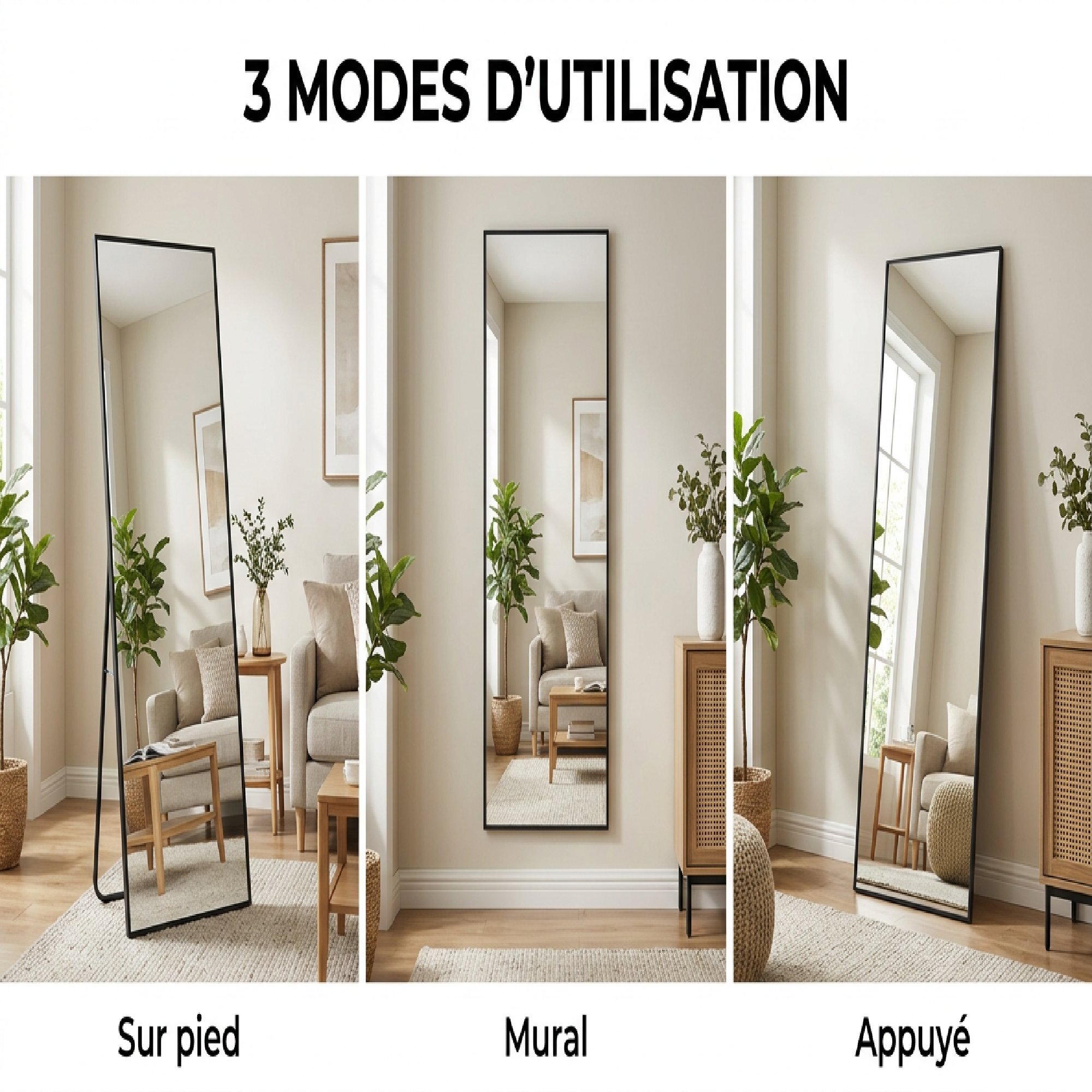 Miroir sur pied et mural pleine longueur 50 x 160 cm cadre pied effet pierre blanc