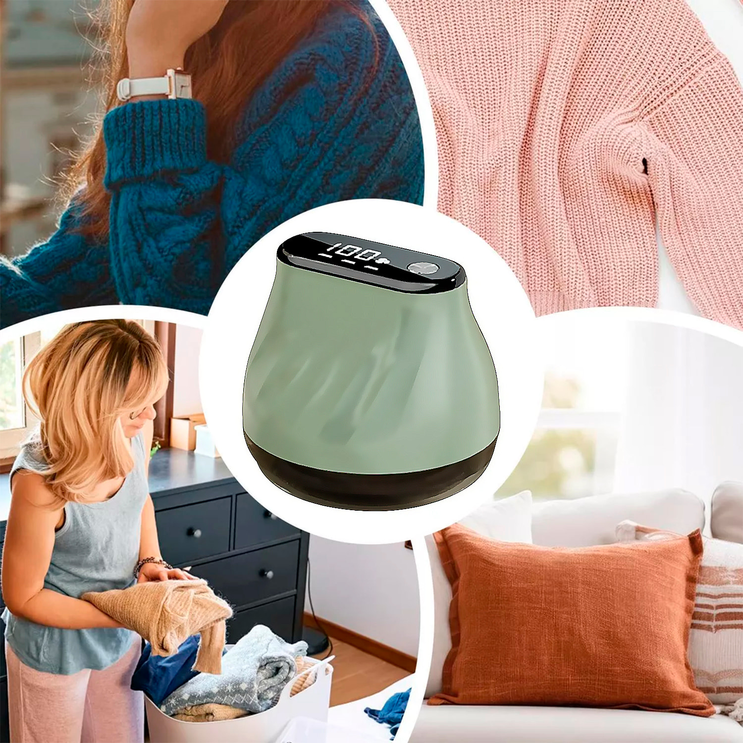 Quitapelusas de mano, con diseño ergonómico compacto. Cuenta con pantalla LCD y tres niveles de potencia.