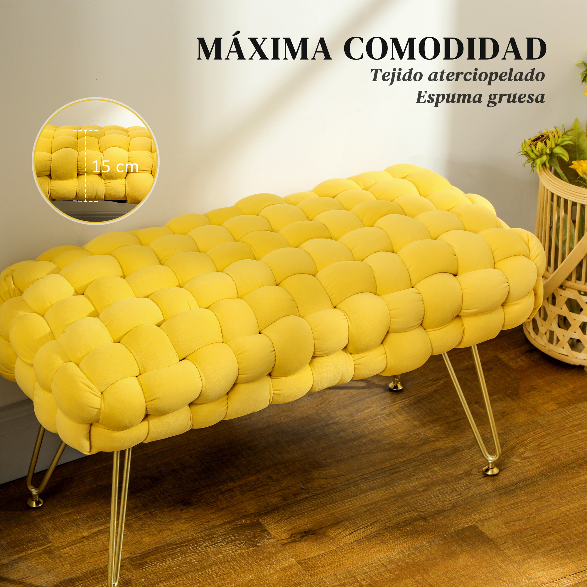 Banco Pie de Cama Tapizado en Terciopelo Banco Otomano Pie de Cama con Patas Doradas y Asiento Acolchado para Dormitorio Entradas Amarillo