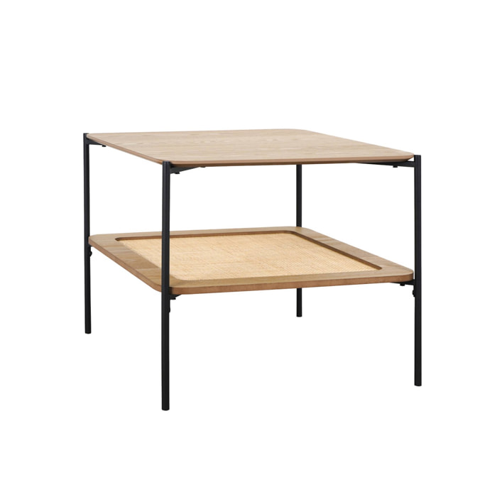 Table basse carrée coloris naturel vintage double plateaux effet bois et cannage. piètement et structure en métal noir