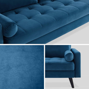 Canapé en velours bleu pétrole. 3 places scandinave fixe. droit. pieds bois noir