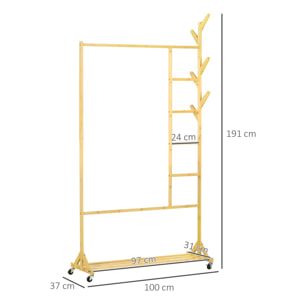 Perchero de Pie de Bambú con Ruedas Perchero de Madera Multifuncional con 6 Ganchos Barra y Estante para Pasillo Entrada Dormitorio 100x37x191 cm Natural