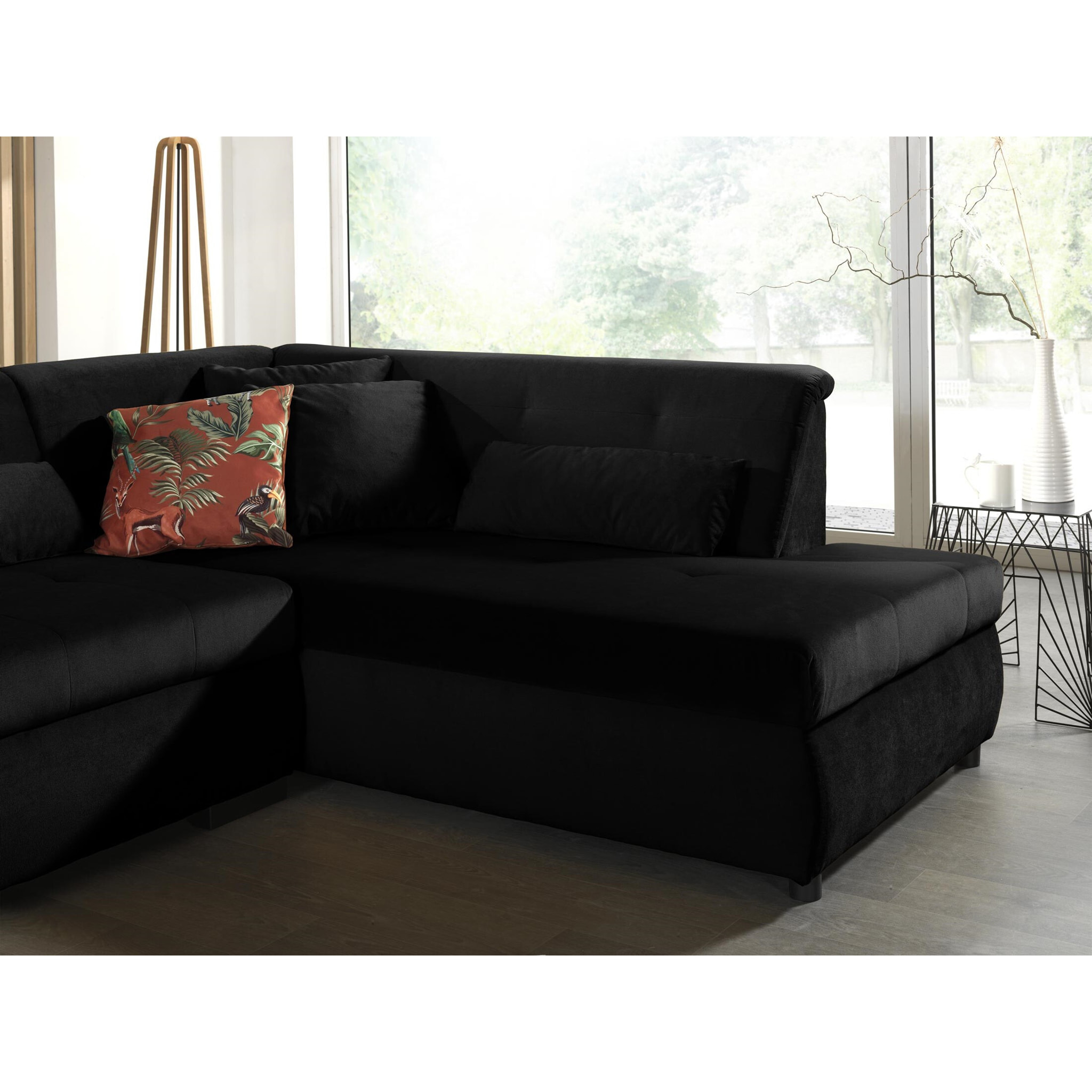 Vermont - canapé panoramique d'angle droit - 7 places - XXL - en velours - Noir