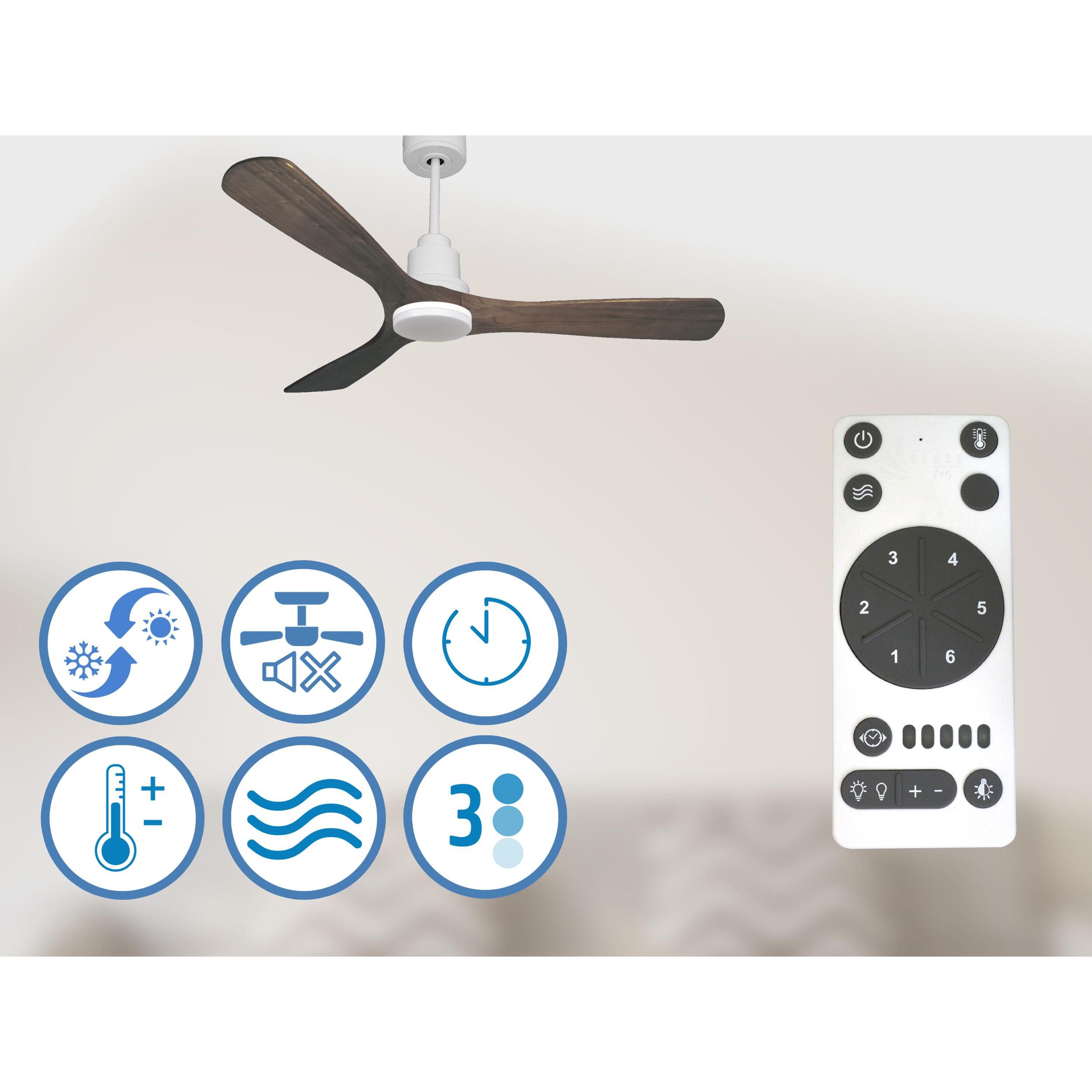 Ventilador de techo Reversible Termostato Dimable Wifi Motor DC Techos Inclinados Mando a Distancia Luz tres tonos Hypersilence Memoria MoyoD132C04LED66871 PURLINE