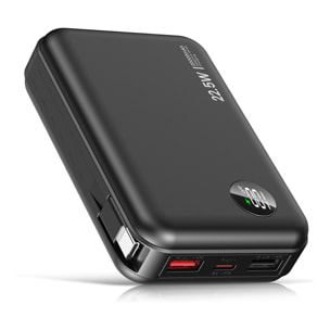 Powerbank 20.000mAh con ricarica rapida PD22,5W, cavo USB-C integrato. Schermo LED di carica.