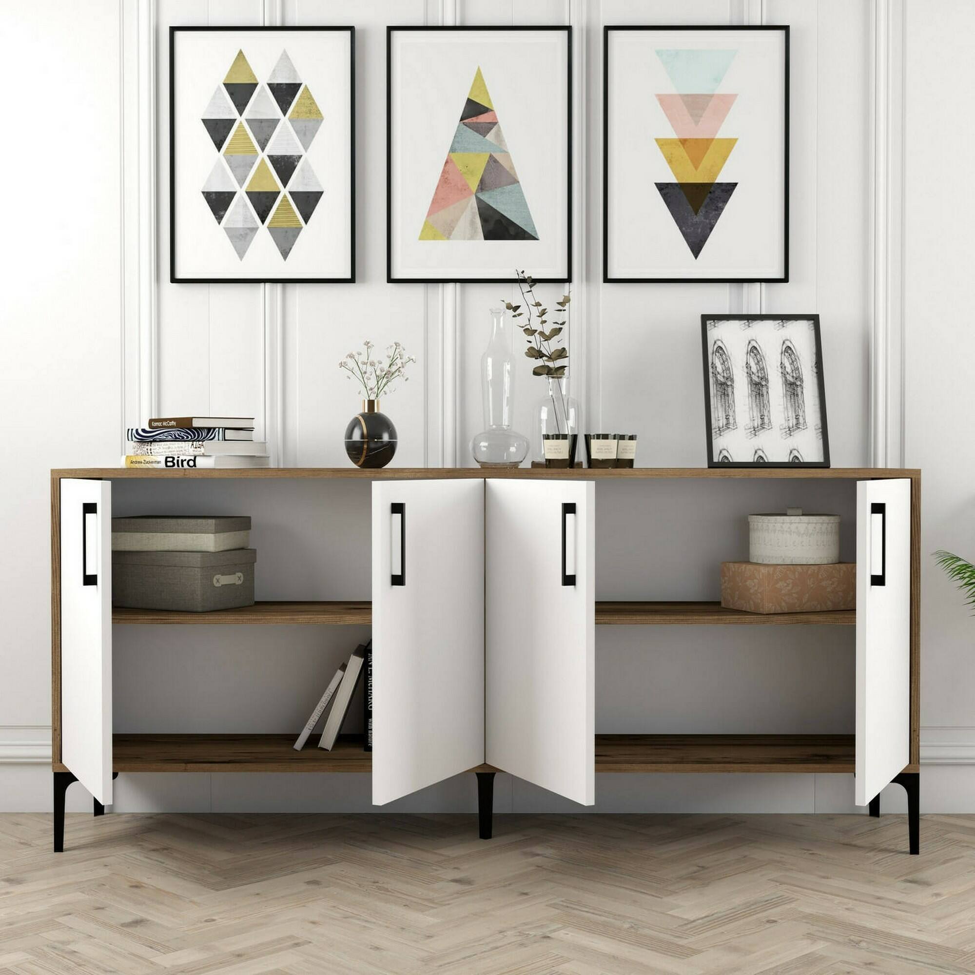 Credenza Dpedrol, Buffet da soggiorno, Madia da salotto, Dispensa da cucina, 180x35h78 cm, Noce e Bianco