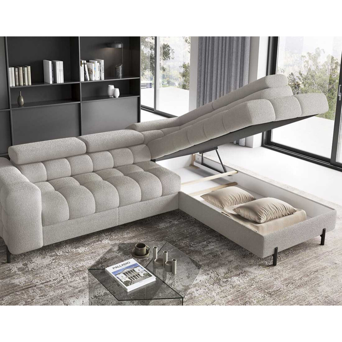 Elisa - canapé d'angle droit 5 places convertible avec coffre et têtières réglables en tissu bouclette - Taupe