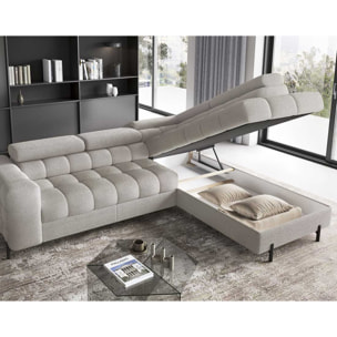 Elisa - canapé d'angle droit 5 places convertible avec coffre et têtières réglables en tissu bouclette - Taupe