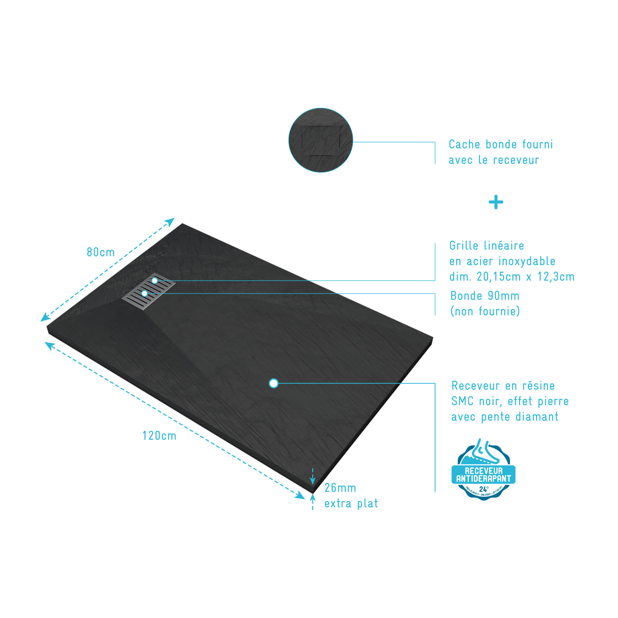 Receveur de douche Noir Effet Pierre 80x120 cm et Grille décor Linéaire en Inox