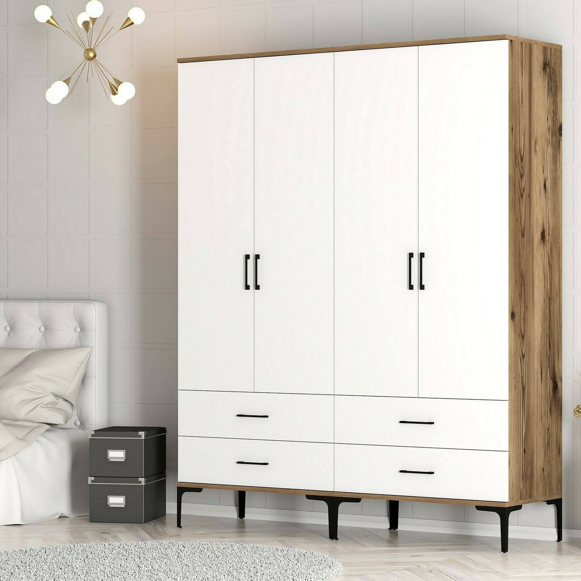 Guardaroba grande Katrin, Mobile camera da letto, Cabina armadio portabiti, Armadio appendiabiti, 160x201h48 cm, Noce e Bianco