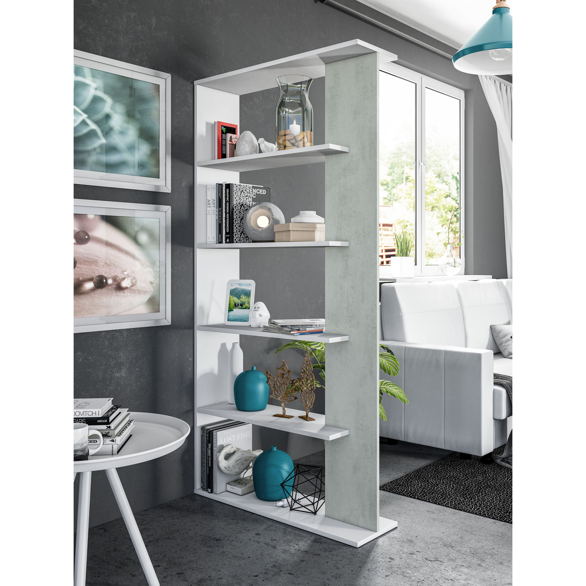 Libreria Santa Cruz Design Scaffale Mensola Moderna Mobile Per Libri Con Ripiani Per Soggiorno Salotto 180 x 90 x 25 cm Bianco e Grigio Cemento