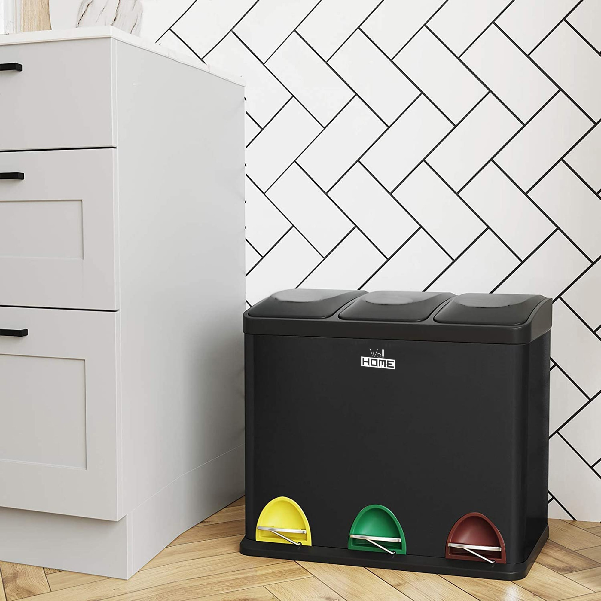 Cubo de reciclaje ecológico 45 litros de 3 compartimentos, reciclaje de basura / cubos de reciclaje, Gran Capacidad, para Papel, Vidrio y Plástico, Id