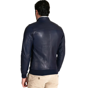 Giubbotto Bomber in pelle blu nappa effetto liscio