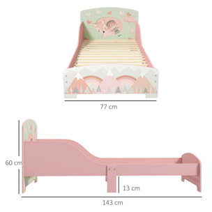 Cama Infantil de Madera 143x77x60 cm Cama para Niños de 3-6 Años con Barreras de Protección y Estampados Carga Máx. 40 kg Mueble de Dormitorio Moderno Rosa