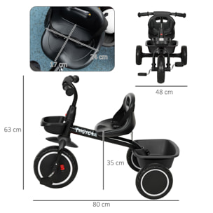 Tricycle pour enfant évolutif avec siège réglable - pédales - 2 paniers - ceinture - pour enfant de 2 à 5 ans - noir