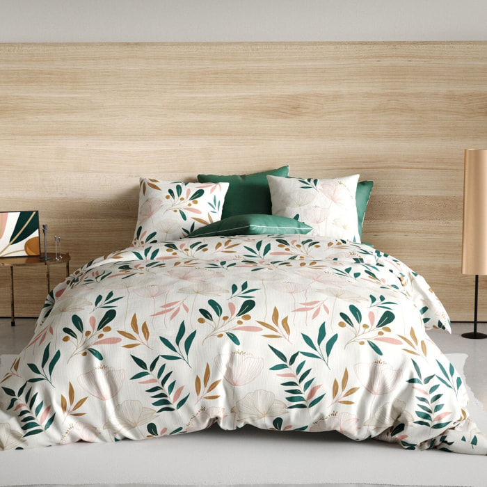 Parure de draps 100% coton motif feuillage - blanc vert rose
