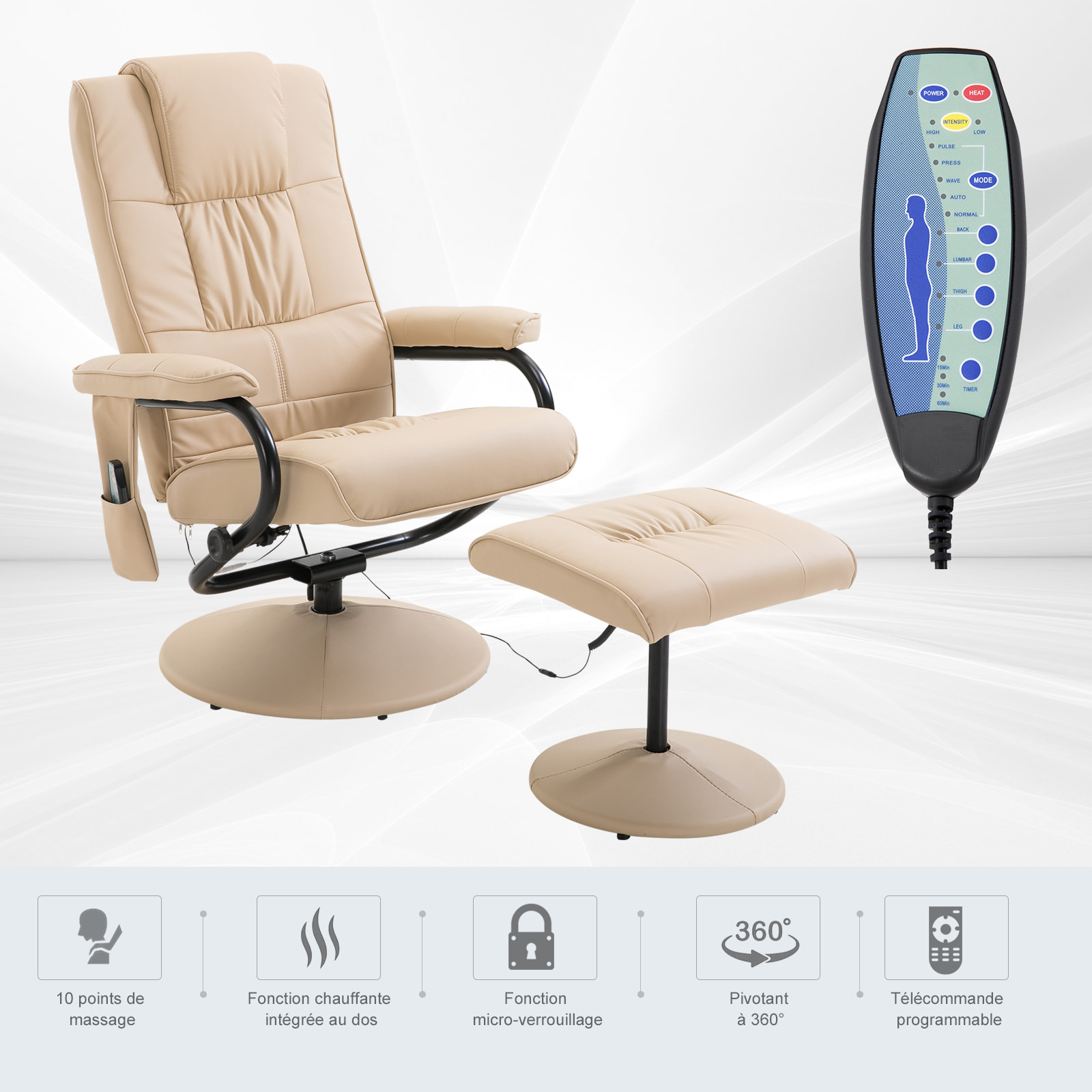 Fauteuil de massage vibration electrique relaxation avec chauffage beige