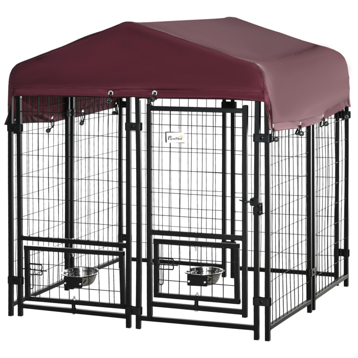 Chenil extérieur pour chien - cage chien - enclos chien - toile toit imperméable anti-UV, porte verrouillable, 2 bols rotatifs - acier noir oxford pourpre