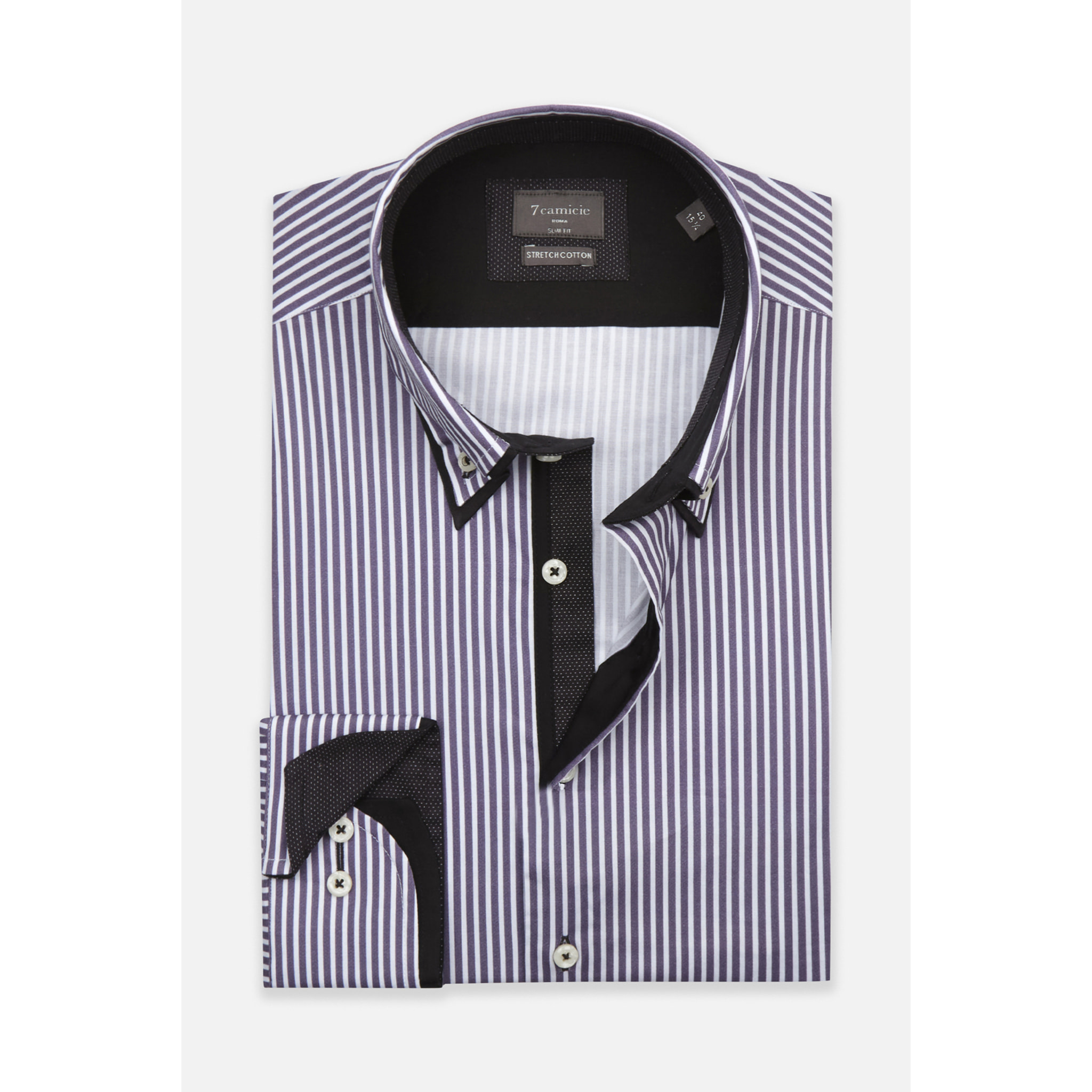 Camicia Uomo Botton Down Slim Popeline Stretch Riga Media bianco e viola melanzana