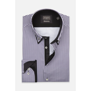 Camicia Uomo Botton Down Slim Popeline Stretch Riga Media bianco e viola melanzana