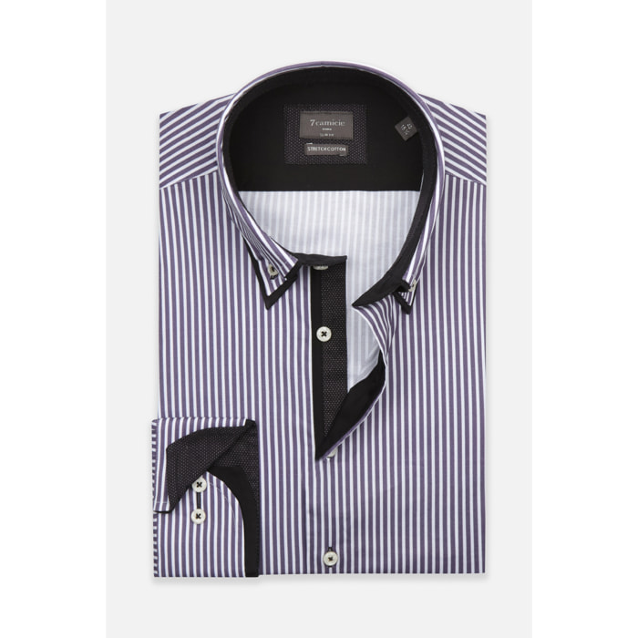 Camicia Uomo Botton Down Slim Popeline Stretch Riga Media bianco e viola melanzana
