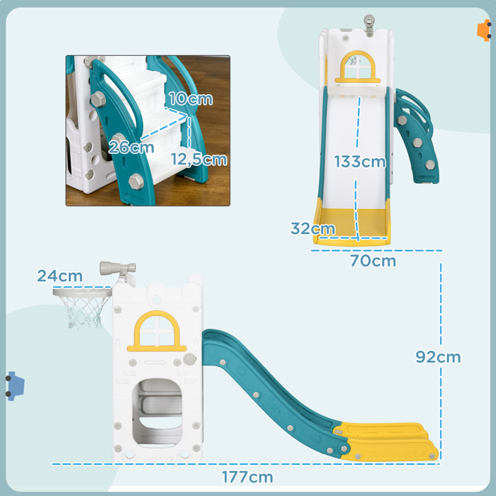 Toboggan pour enfant multifonction - télescope, panier basketball, espace rangement - HDPE blanc vert turquoise
