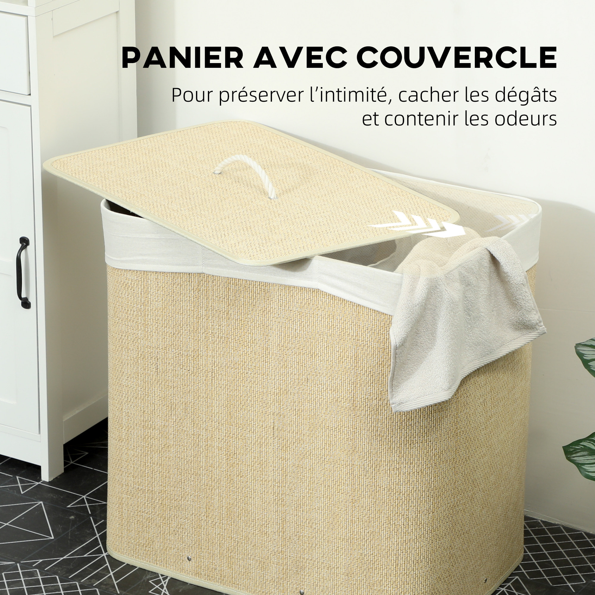 Panier à linge double 144L - corbeille à linge avec couvercle et poignées - tissage bambou écru