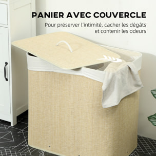 Panier à linge double 144L - corbeille à linge avec couvercle et poignées - tissage bambou écru