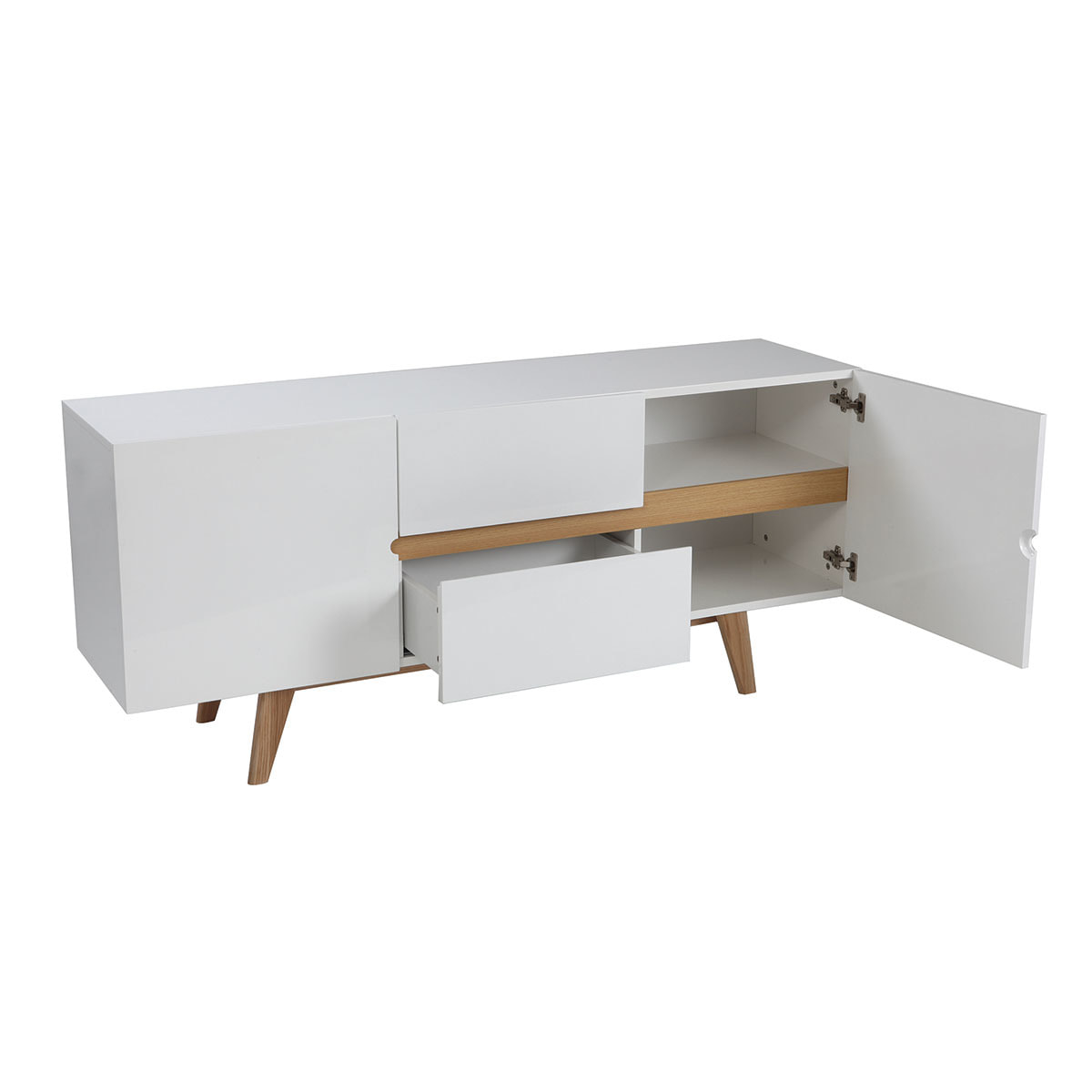 Buffet scandinave blanc brillant et finition bois clair 2 portes 2 tiroirs L160cm MELKA