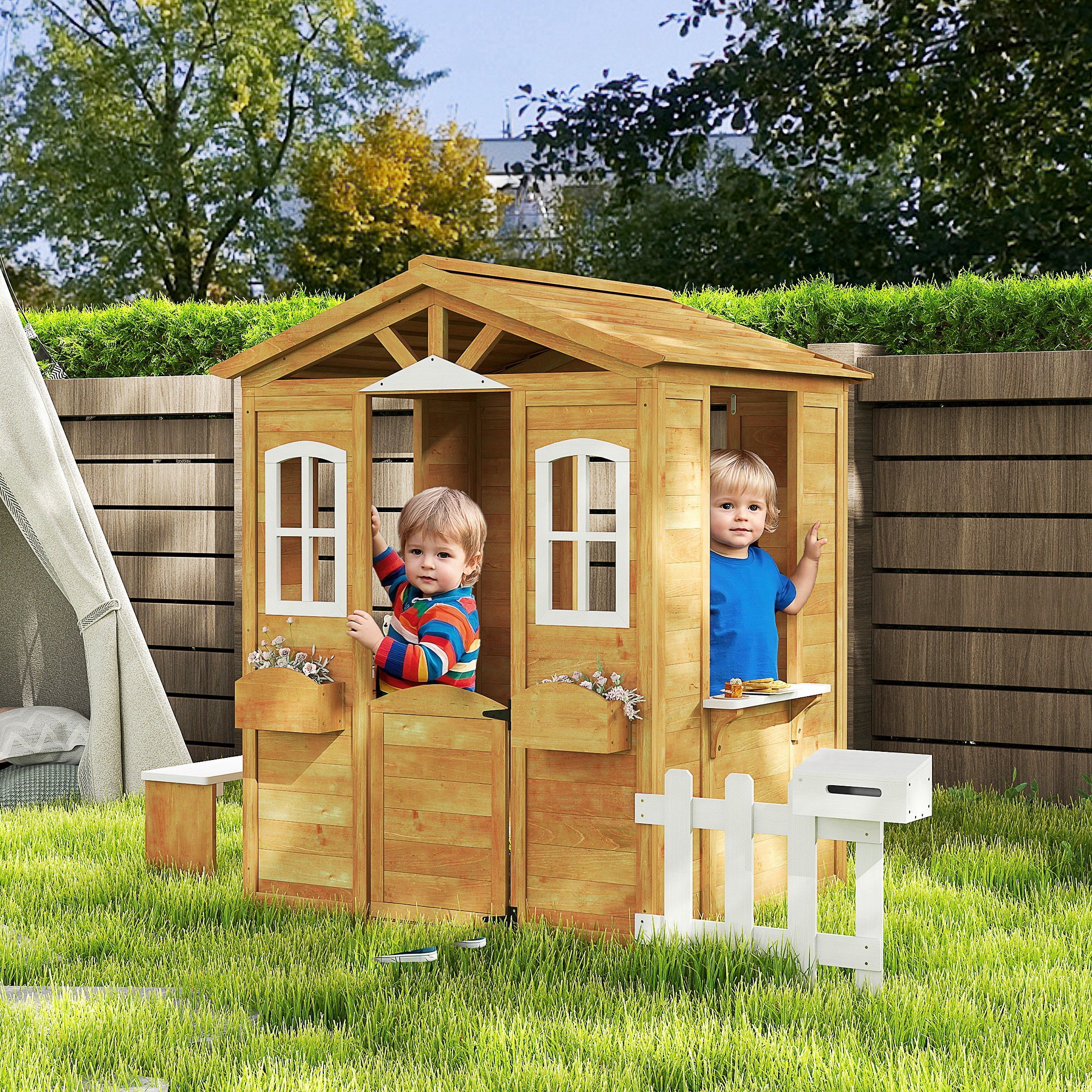 Casita Infantil Exterior de Madera Casita Infantil de Jardín con Buzón Ventanas Jardinera Mostrador y Banco Casa de Juegos para Niños a Partir de 3 Años Natural