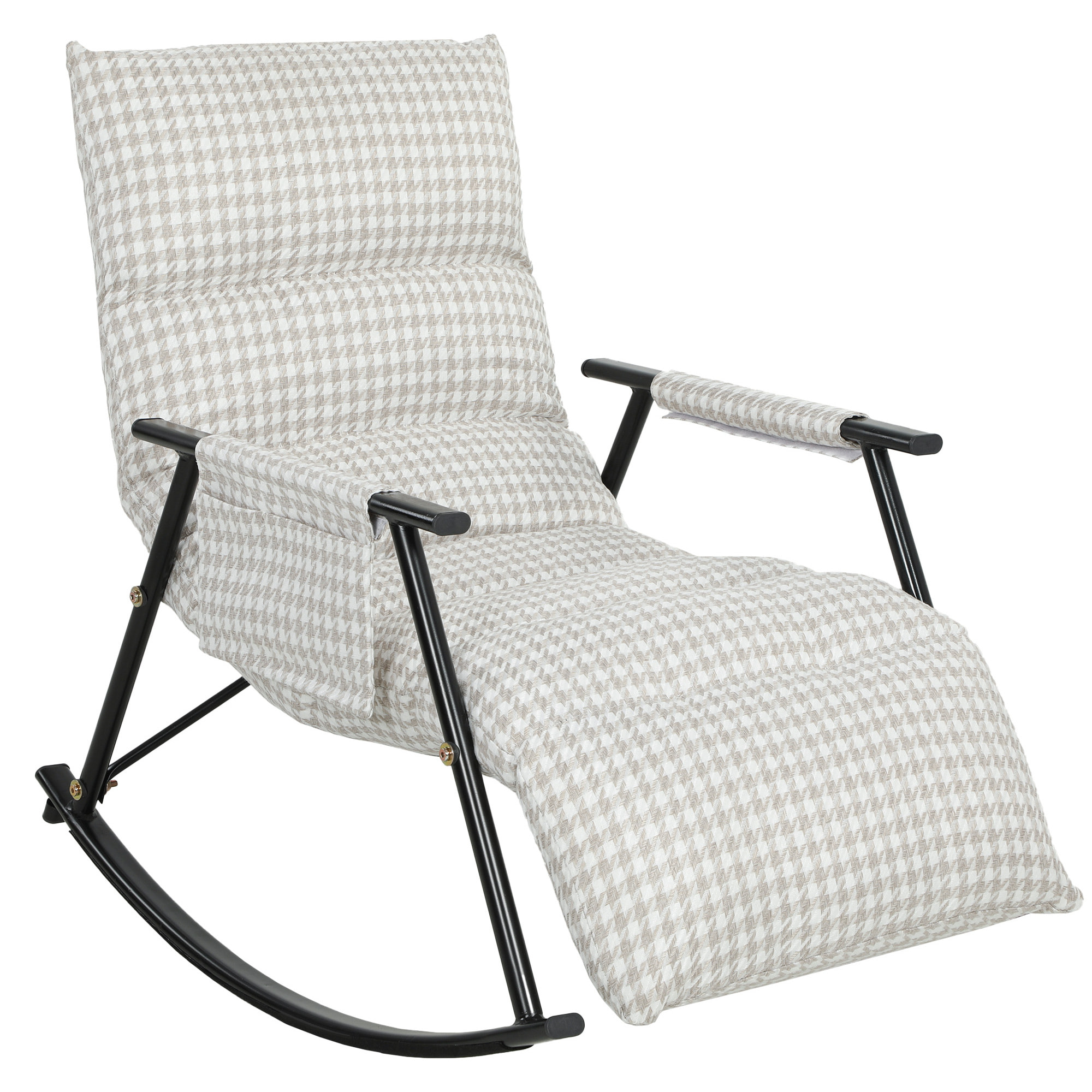 Silla Mecedora con Respaldo y Reposapiés Ajustables, Mecedora Sillón Balancín 105°, Tapizada en Lino, con Bolsillo Lateral y Marco de Metal, Carga 120 kg, para Dormitorio, Salón, Gris y Blanco