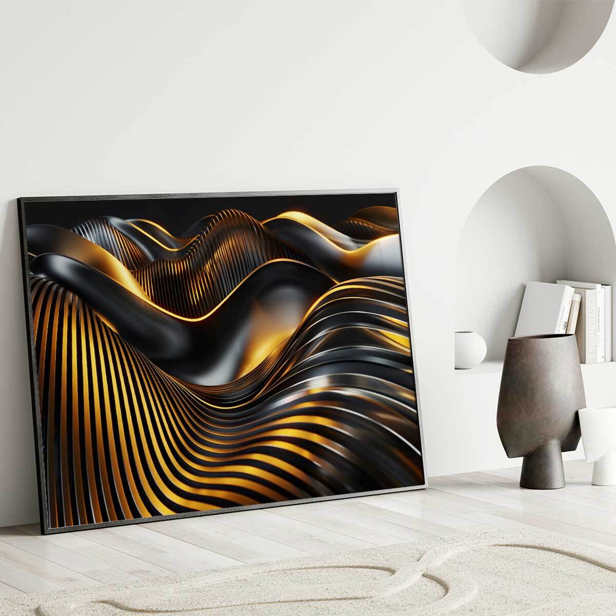 Affiche encadrée design doré abstrait Affiche + cadre en métal - Noir