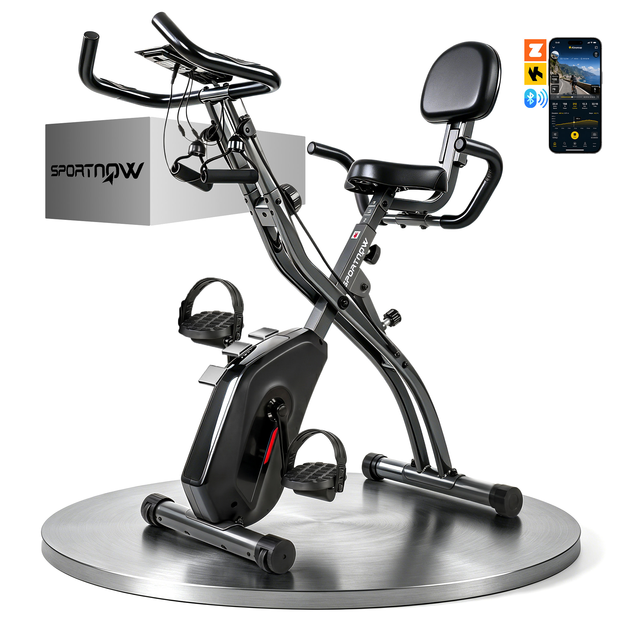 Bicicleta Estática Plegable 3 en 1 con Respaldo y 8 Niveles Resistencia Magnética Bicicleta Estática Casa Ajustable con Bluetooth Monitor LCD Volante Bandas Sensor Pulso Soporte Móvil Negro