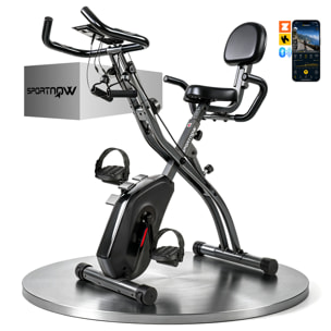 Bicicleta Estática Plegable 3 en 1 con Respaldo y 8 Niveles Resistencia Magnética Bicicleta Estática Casa Ajustable con Bluetooth Monitor LCD Volante Bandas Sensor Pulso Soporte Móvil Negro
