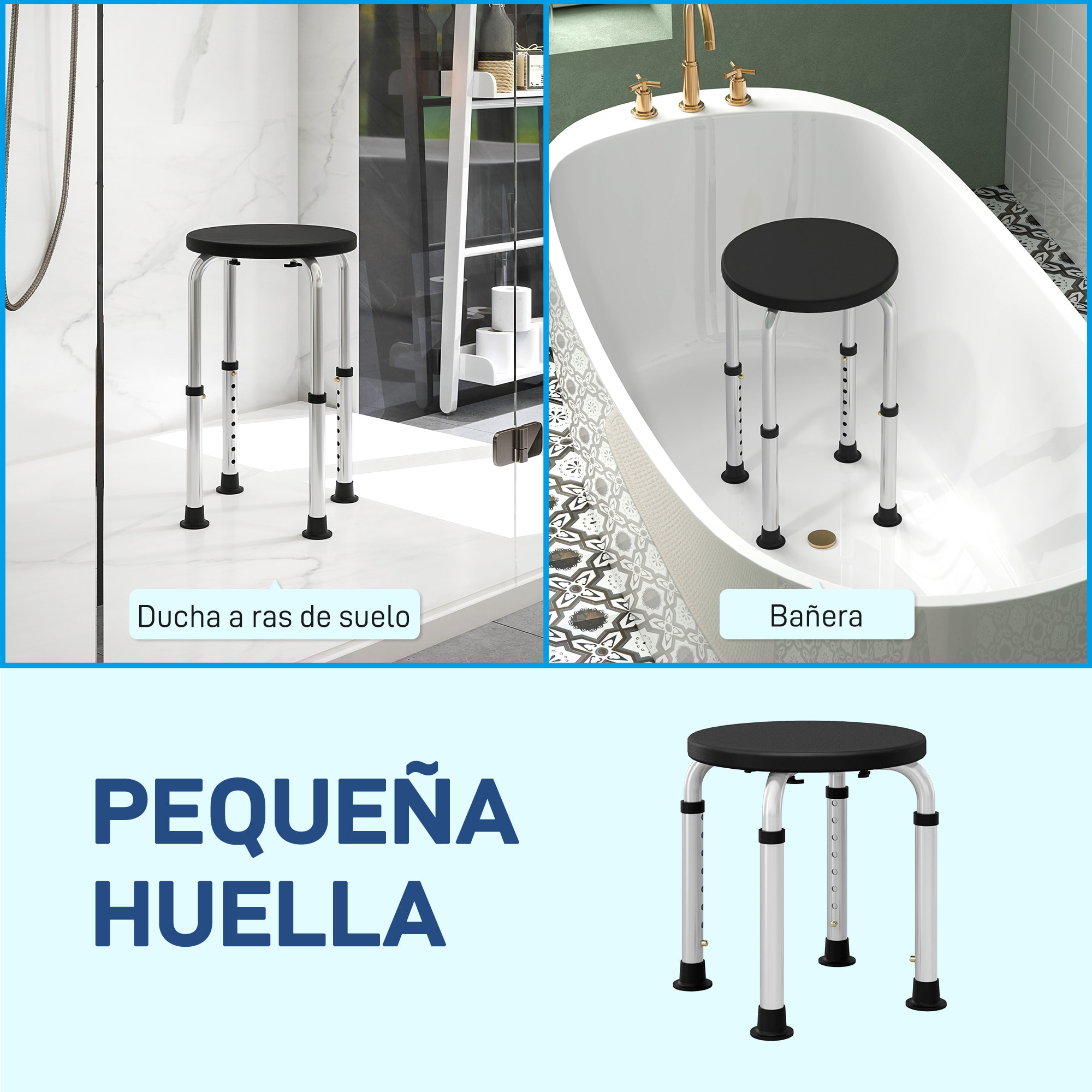 Taburete de Ducha, Silla Ducha Personas Mayores Antideslizante con Altura Regulable, Carga 135 kg, Taburete de Baño para Ancianos y Discapacitados, Negro