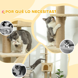 Árbol para Gatos de Suelo a Techo de 225-265 cm Árbol Rascador para Gatos con Altura Ajustable Múltiples Plataformas Escalera Bola Colgante Beige